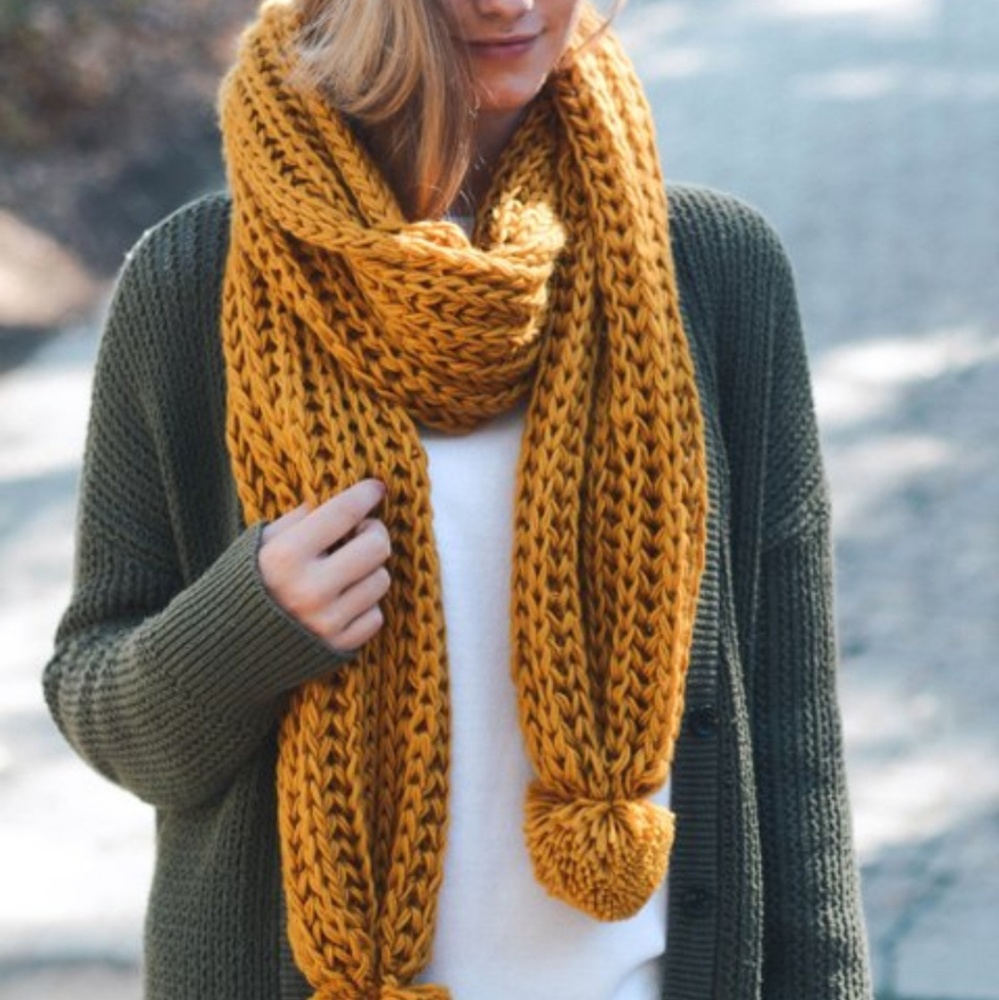 Mustard Crochet Pom Pom Wrap Scarf